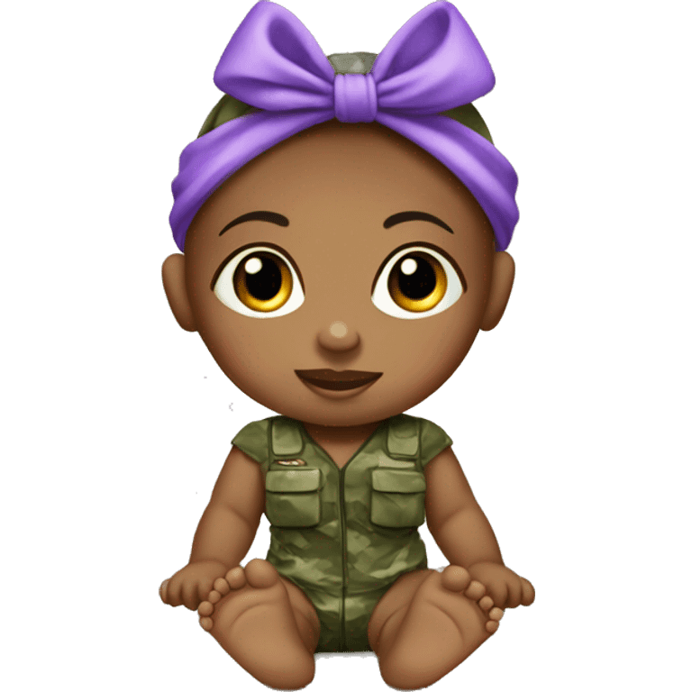 barefoot baby girl in camouflage with purple bow on head emoji