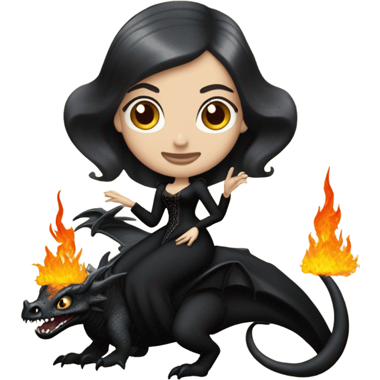 Victorian evening dressed, Teen Morticia Addams Jedi wearing a mini tiara, riding on the back of a very large black shiny evil-looking fire-spewing horned dragon emoji