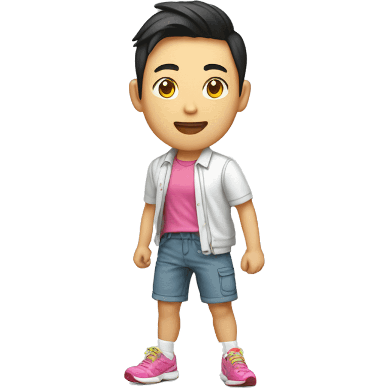 teen asian with short pants, white shirt print with sarcasm, colorful running shoe emoji