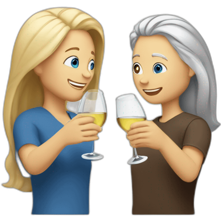 A white woman with blue eyes and blond medium long hair and a white man with brown eyes and grey hair, they toast to each other with a glass of white wine. emoji