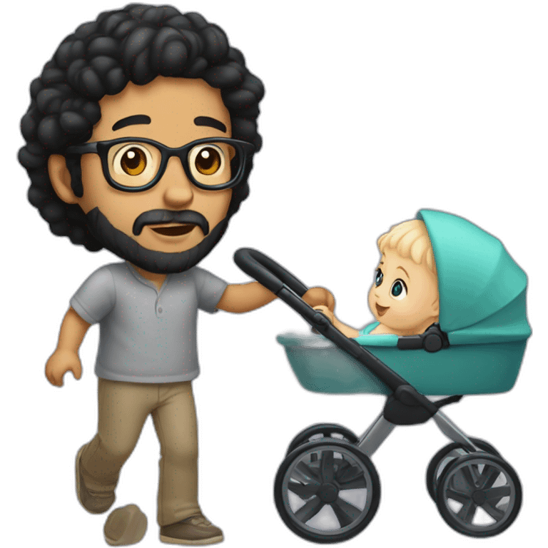 Black haired man with beard and glasses pushing buggy with blonde baby emoji