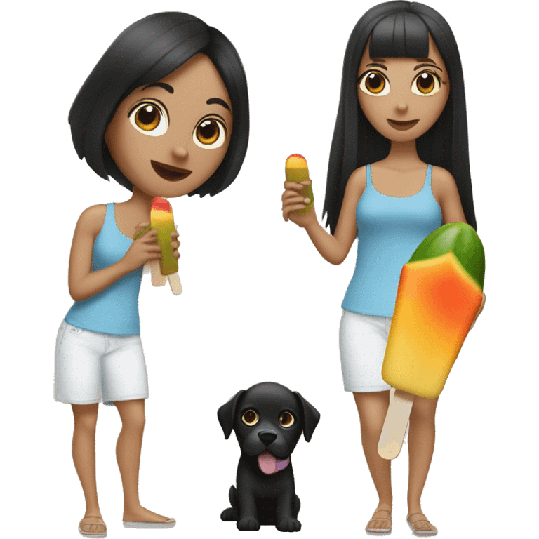 A white woman with long straight black hair, brown eyes, holding a black dog and a mango flavored ice popsicle in the other hand  emoji