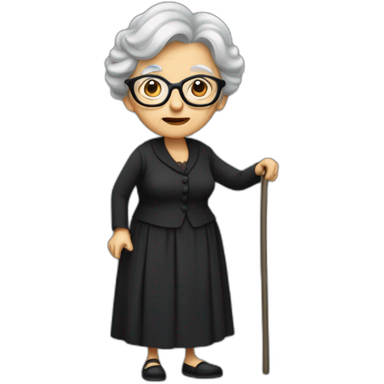 Old lady with rounded clear glasses all dressed in black dress Walking hunched with a cane and a and a handkerchief tied over her gray-haired hair emoji