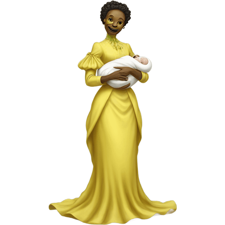  Reptilian alien woman , full body, in victorian jellow elegant dress smiling, holds a newborn white humman baby emoji