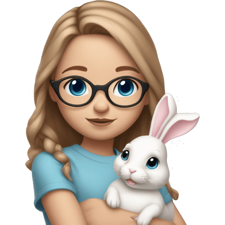 9 year old girl. Blue eyes. Light brown medium length hair. Fair skin. Blue eyes. Glasses. Freckles on nose. Light pink lips. Holding white bunny emoji