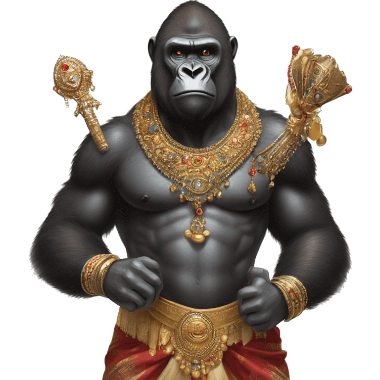 male gorilla with indian male jewellery and  indian traditional wear, holding a  huge weapon, humanoid, holding another  huge weapon  emoji