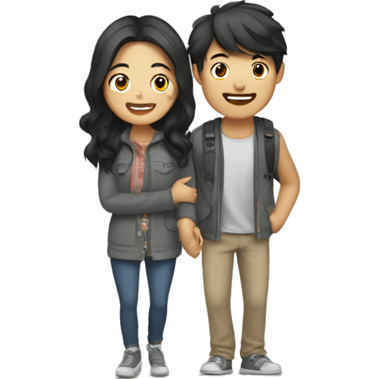 Cute Asian couple (girl with wavy long hair guy with short straight hair) excitedly traveling  emoji