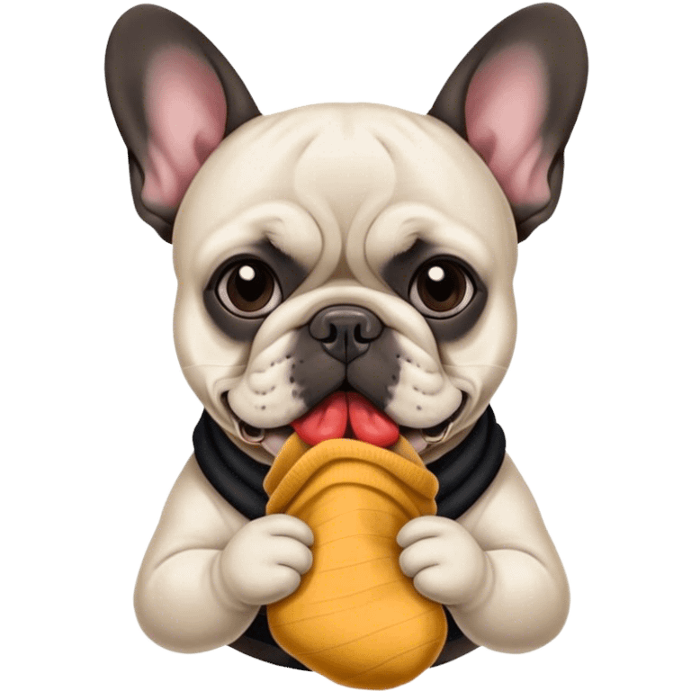 Black and white Bouledogue français eating a sock  emoji