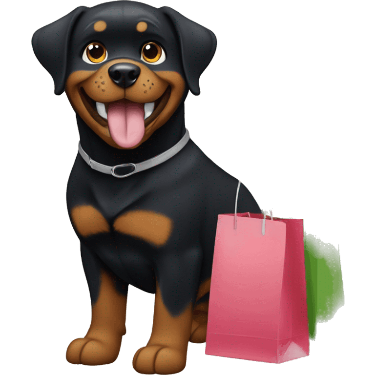 Pretty happy rottweiler girl with shopping bags. The bags say “fressnapf” emoji