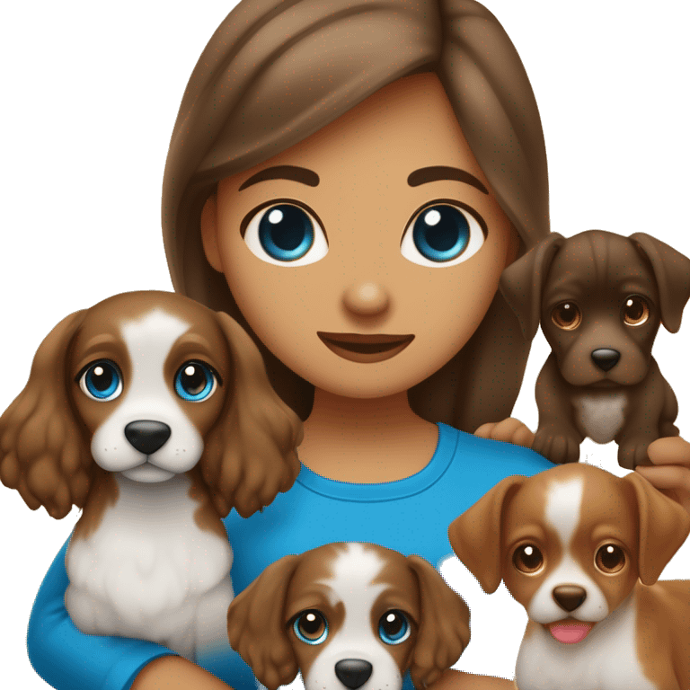 criança menina  de olhos castanhos cabelo marrom claro nas costas pele clara com um cachorro caramelo e dois peixes um vermelho e o outro azul. emoji