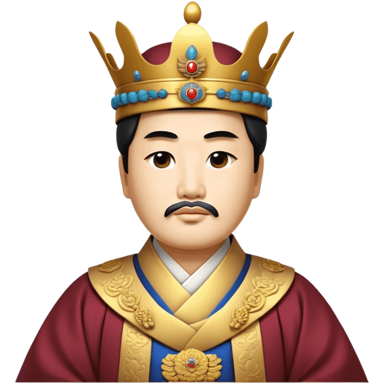 Cinematic Realistic King Sejong Portrait Emoji, depicted as a wise benevolent monarch in traditional Korean royal attire with a thoughtful gaze, rendered with intricate textures and regal soft lighting that captures his historical significance. emoji