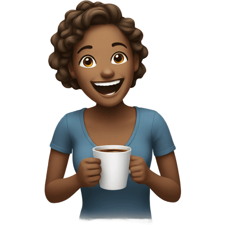 Girl laughing holding coffee emoji