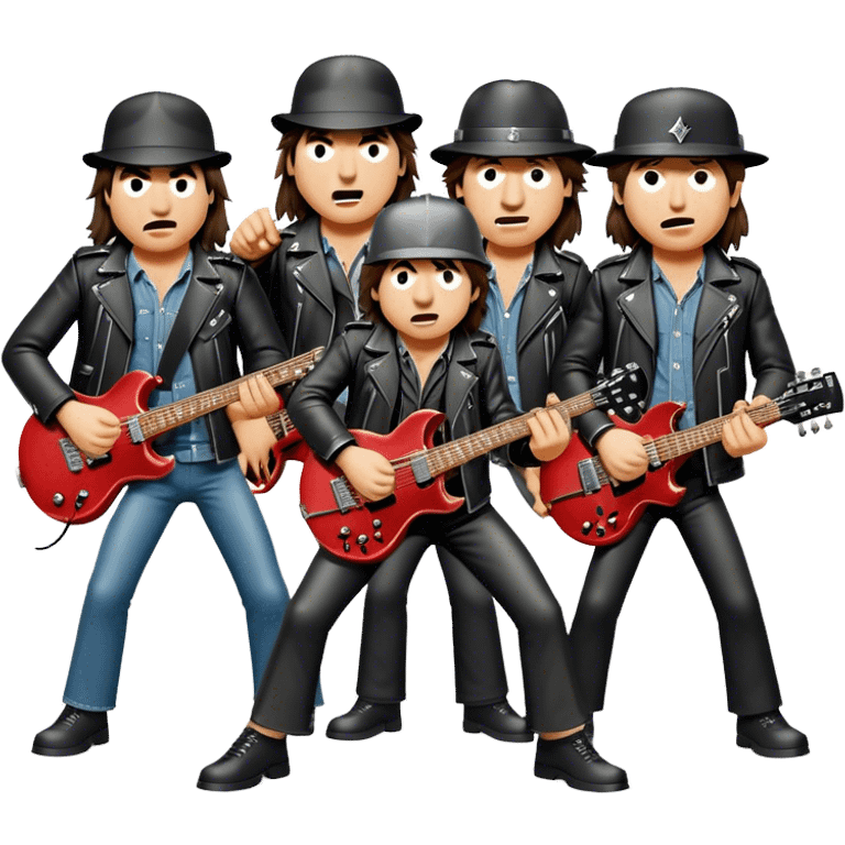 Cinematic Realistic AC/DC Band Emoji, depicted as a high-energy rock ensemble with electrifying stage presence and gritty textures, rendered with bold vibrant lighting that captures the raw power and rebellious spirit of their music. emoji