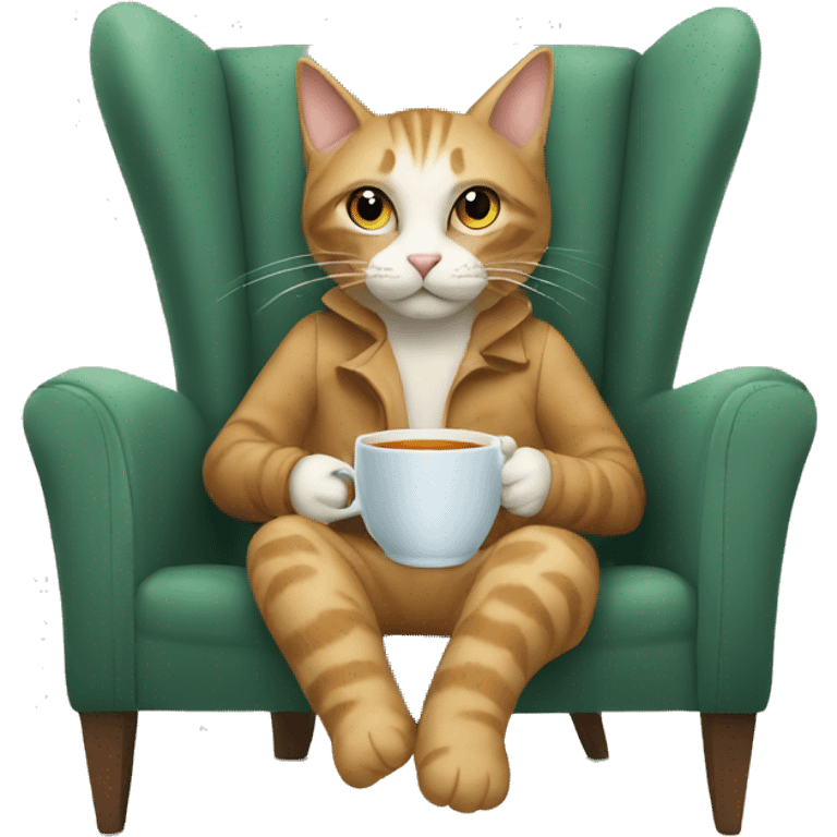 cat drinking tea looking at camera sitting in a chair emoji