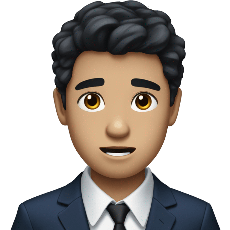 Teenage boy with black hair and dark brown eyes and fair skin in a navy blue dress shirt with a black tie shocked face emoji