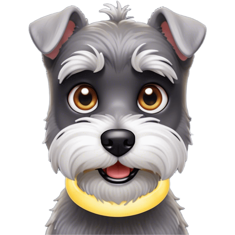 Cinematic Comical Miniature Schnauzer Portrait Emoji, Head tilted dramatically with a comically shocked expression and large, animated eyes, featuring a sharply defined salt-and-pepper fur with exaggerated, humorous eyebrows, simplified yet hilariously detailed, glowing with a bold, playful radiance, high shine, exuding a spirited and cheeky charm, styled with a soft glowing outline, capturing the essence of a Miniature Schnauzer that appears ready to dash into a burst of comic energy! emoji