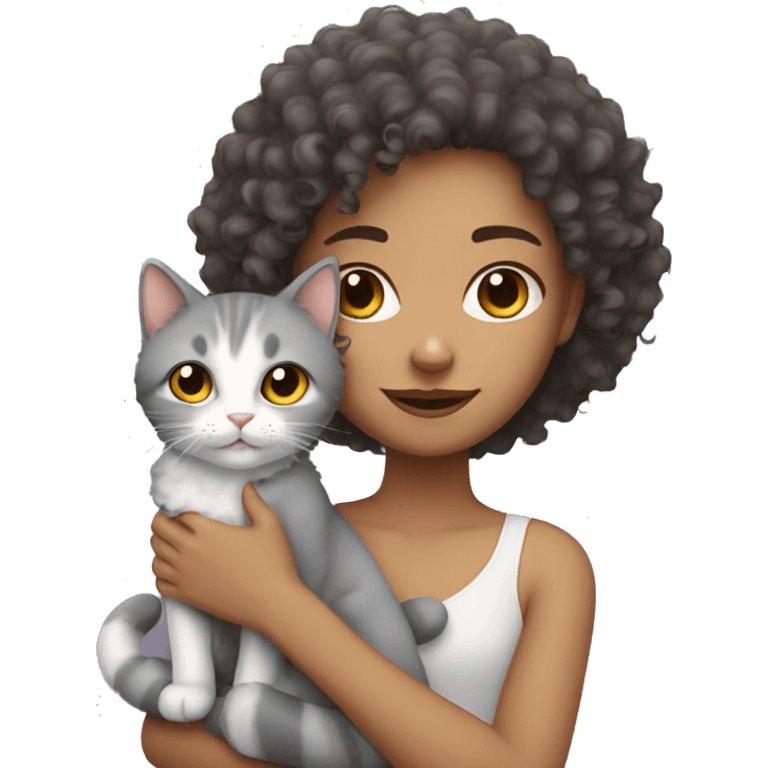 Curly haired girl with a grey and white cat emoji