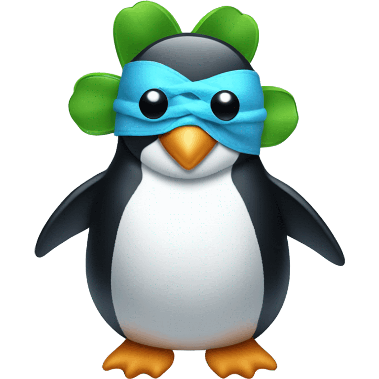 penguin holding a four leaf clover with a blue sleep mask on its head  emoji