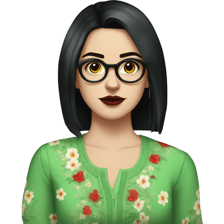 White girl in a green kurta with flower design, glasses, alot of piercing, gay, red lips, nose ring, full body, short straight black edgar hair, black straight hair emoji