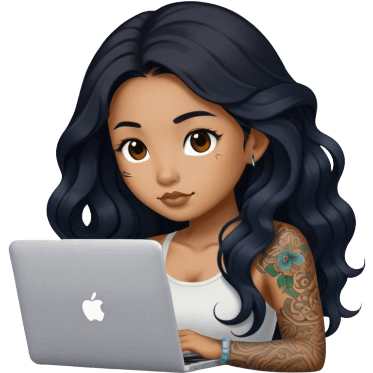 beautiful brown girl, with tattoos, with the long black hair, wavy hair, chinese, with laptop emoji