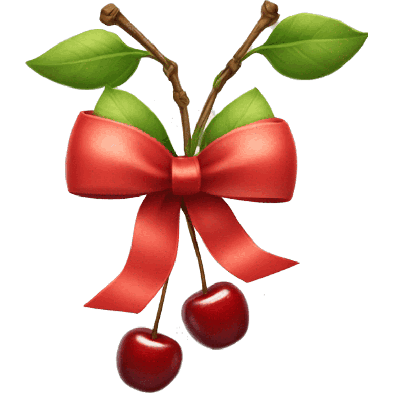 A gift bow with two short strings hanging down. From the center of the bow, two cherry stems with cherries dangle down, as if they are part of the bow emoji