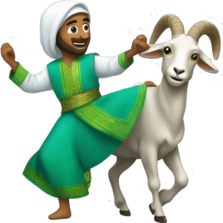 Arab wearing blue and green, dancing with a goat emoji