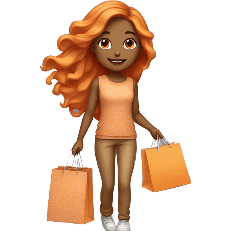 Tan girl with long orange hair wearing cute outfit holding shopping bags emoji