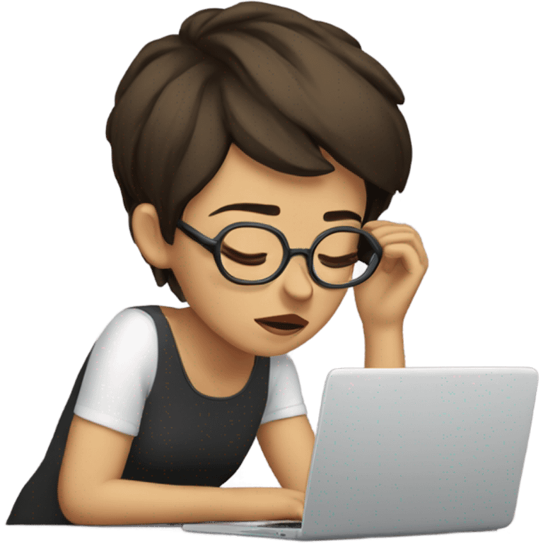 Tired brunette  short hair glasses at a laptop with headache emoji