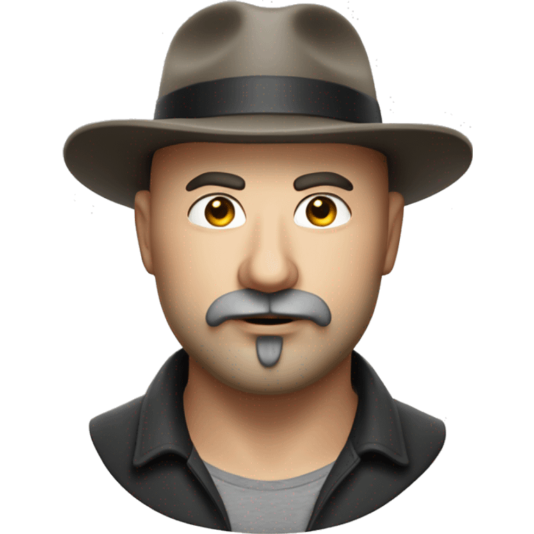 Photorealistic, realistic serious A plump bald man of Slavic appearance with a goatee beard and mustache, wearing a fedora hat emoji