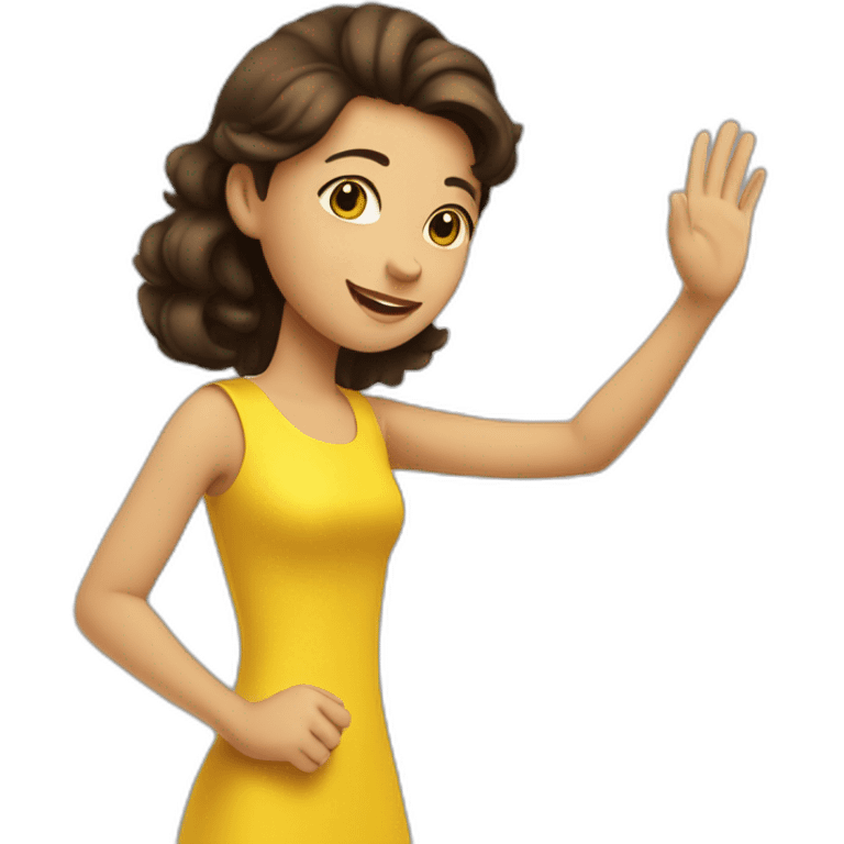 Brunette girl shake her hand for say hi! to someone. She is wearing a yellow dress emoji