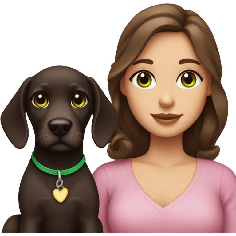 Girl with wavy dark brown hair, fair skin and green eyes with a labrador puppy emoji