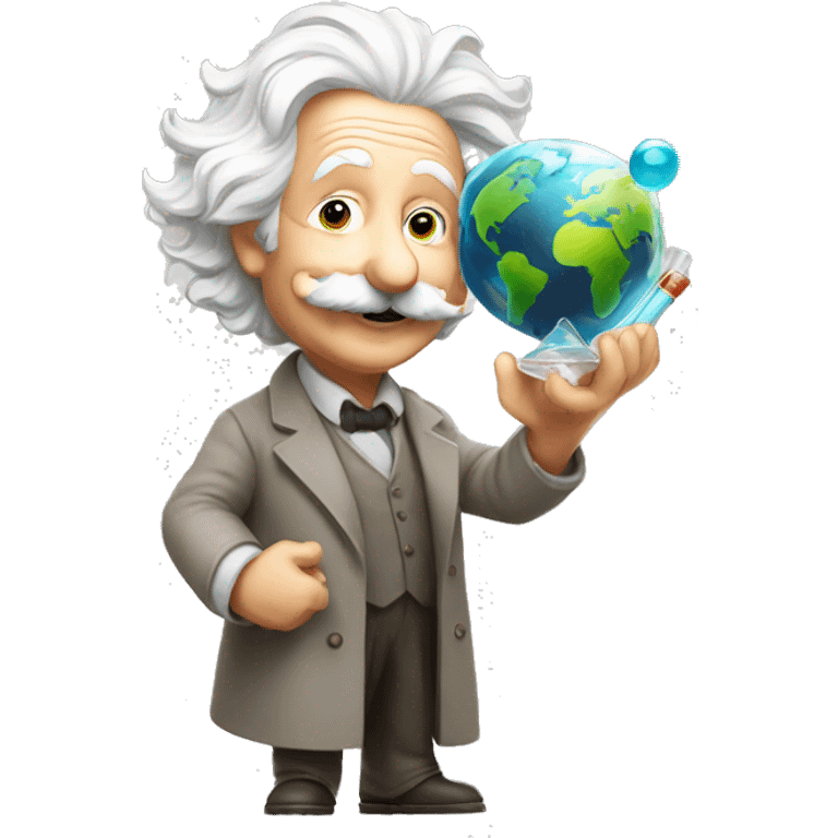 happy albert einstein holding earth in one hand in another test tube emoji