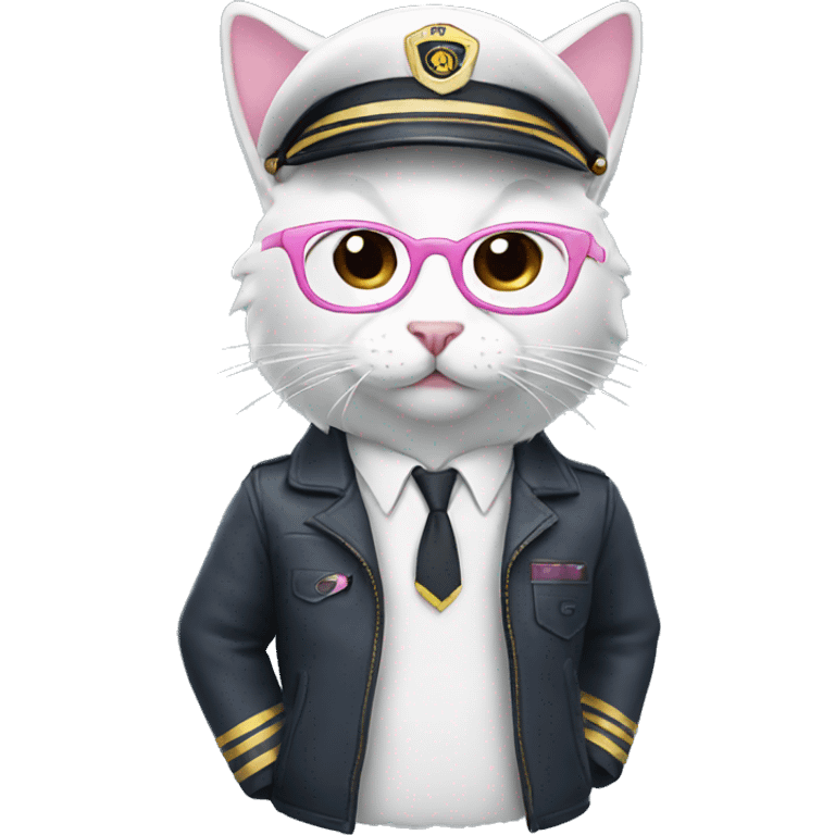 White and pink cat with glasses pilot emoji