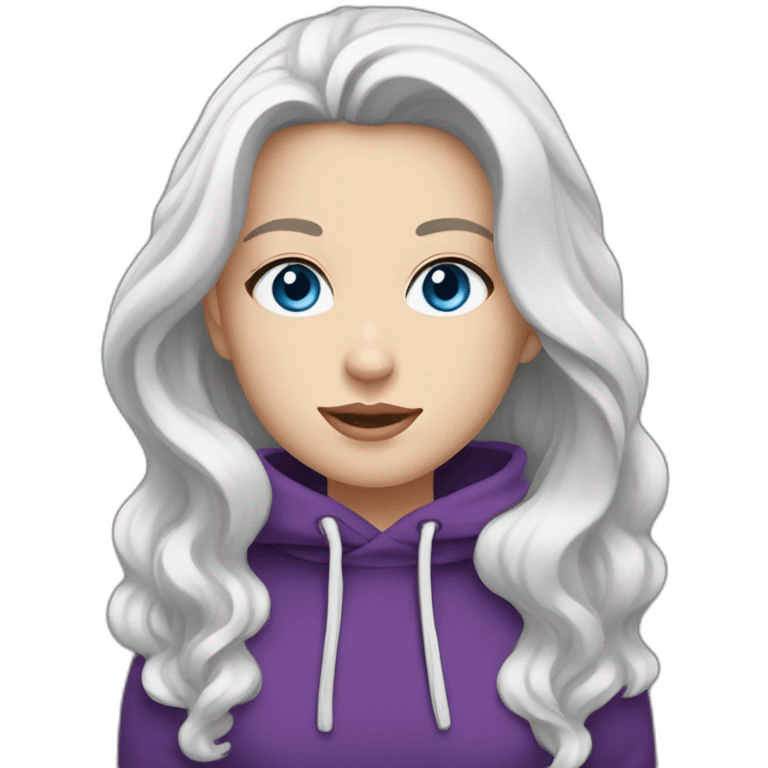 girl with blue eyes and white skin and long wavy dark brown hair with high aristocratic cheekbones in a purple hoodie emoji