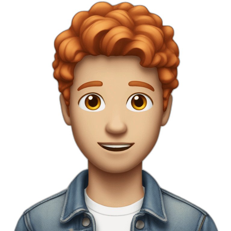 white young man in jean jacket and white t-shirt with short wavy red hair emoji