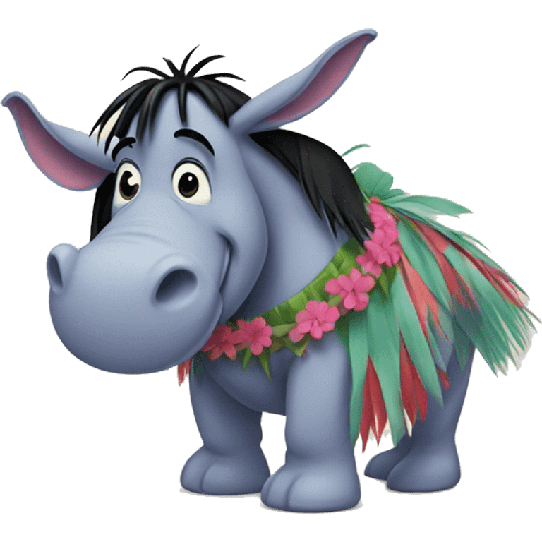 Eeyore wearing a hula skirt emoji