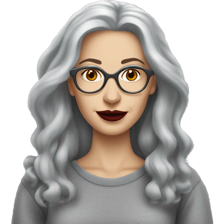 Attractive Caucasian woman with long grey hair, wearing wire frame glasses, dark red lipstick, and a grey sweatshirt, she had French facial features  emoji