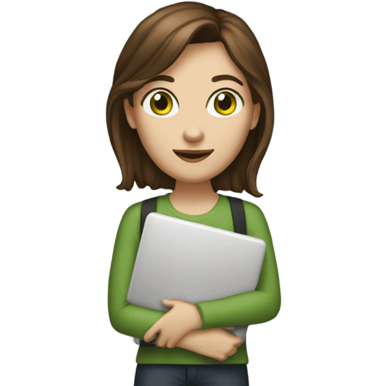 Web designer carrying a computer in her hands. white woman with medium-length brown hair, green eyes and freckles on her nose. emoji