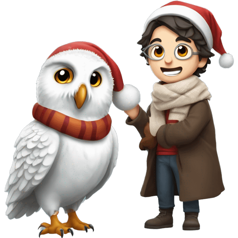 Harry Potter wearing a Santa hat and cozy scarf, holding a snowy owl perched on his arm, looking excited for a magical Christmas emoji