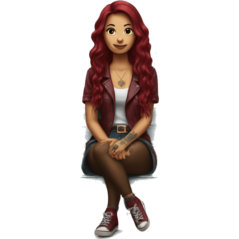 Beautiful tattooed burgundy long haired woman sitting on a bench emoji