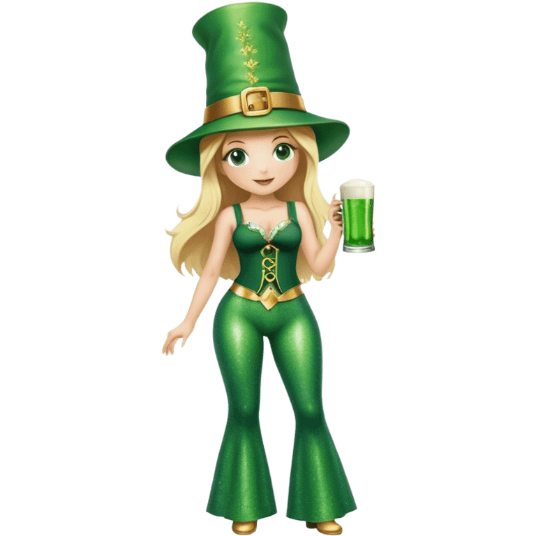 Blonde haired pretty woman in glittery green bell bottoms and tall leprechaun hat holding a green beer emoji