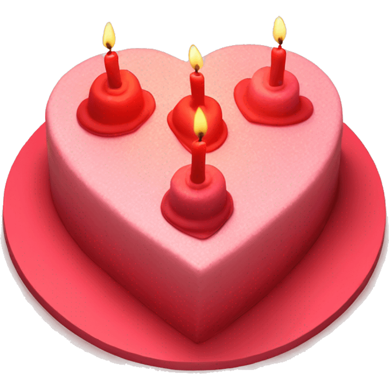 Red primarily colored heart shaped birthday cake, top view, 4 candles emoji