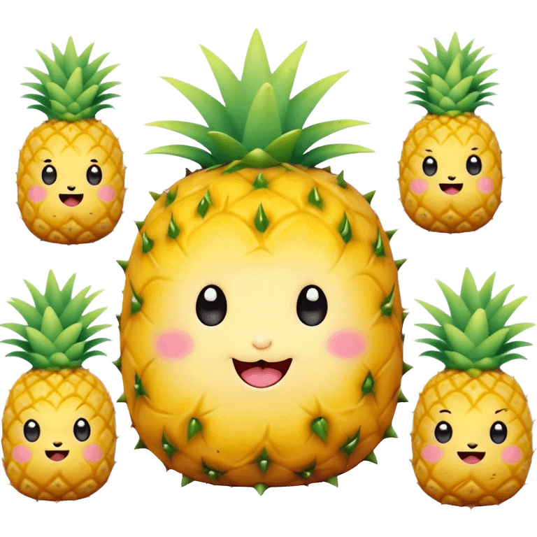 Cute Kawaii Pineapple, tiny and round, bright golden yellow with a spiky green top, chubby cheeks, playful winking expression, soft pastel textures, sweet and tropical vibes! emoji