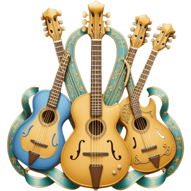 Create a complex, ceremonial, and professional emoji resembling a coat of arms, symbolizing plucked string instruments. The design should feature a combination of elements such as the necks and fretboards of various plucked string instruments like guitars, harps, and mandolins. The strings should be clearly visible, and the frets should be detailed. Intertwining with the instruments, there should be a flowing ribbon of musical notes, curving elegantly around the instruments and connecting them. The colors should include golden metallic tones, warm wood finishes, and silver accents to emphasize the professional and festive nature of the design. The background should be regal, using subtle textures or patterns to give a sense of grandeur, while keeping the instruments and notes as the focal point. The design should evoke a sense of celebration and sophistication, reflecting the rich tradition of plucked string instruments. emoji