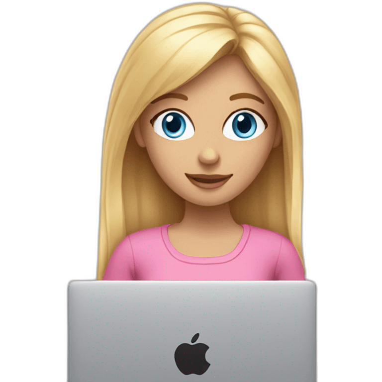 Blond girl with blue eyes typing on pink macbook emoji