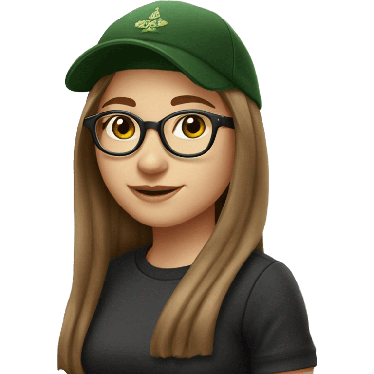 Slavic girl, light skin, smiling with teeth, round brown eyes, spotted frame glasses, long brown straight hair, black T-shirt, dark green cap, black badge ribbon emoji