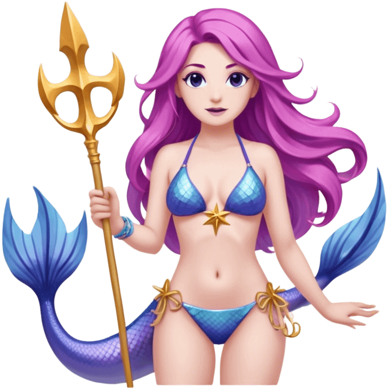 Yellow-toned upper body and a blue fish tail. She has long, flowing pink and purple hair adorned with a blue starfish accessory. She wears a light-colored seashell bikini top and holds a golden trident in one hand. Her expression is confident and friendly. The background is transparent emoji