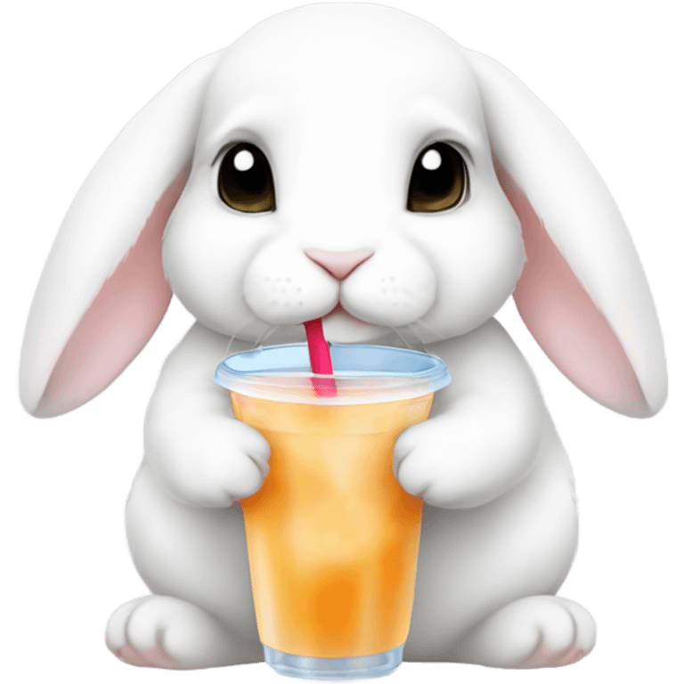 White mini lop rabbit drinking boba tea emoji