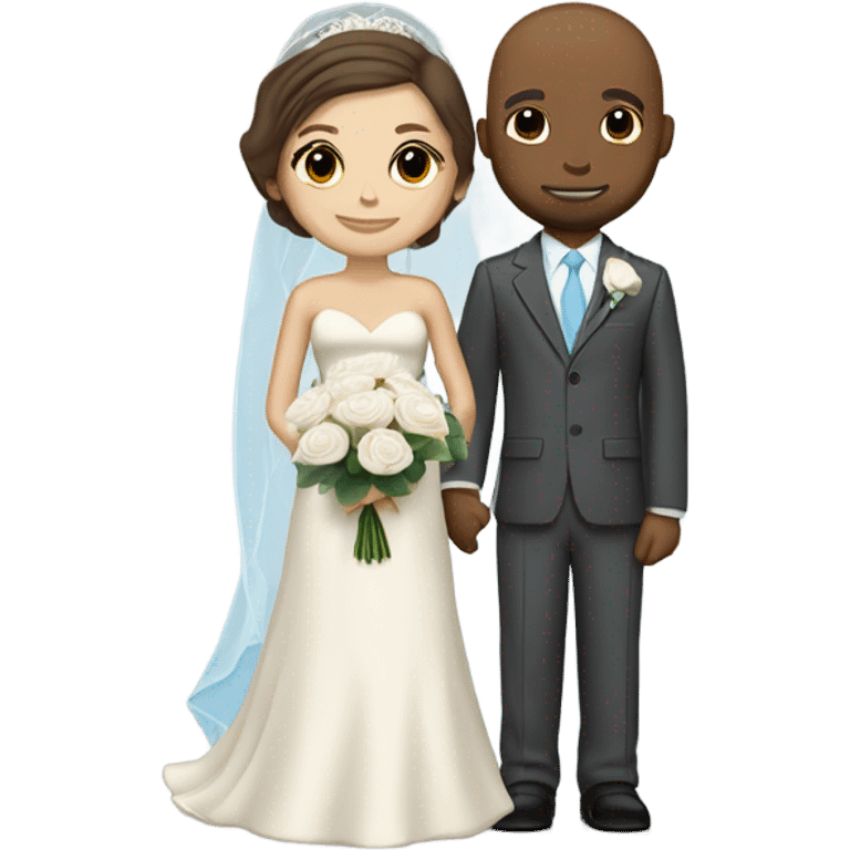 Light skin color grown wedding couple. Bride have short brown hair, she is wearing a long veil and is holding a white rose bouquet. The grown groom have also brown hair and is wearing a cream suit with a sky blue tie and breast pocket with a boutonniere emoji