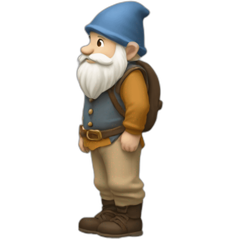 side view of gnome with light tan pants sitting above a small dark brown pebble emoji